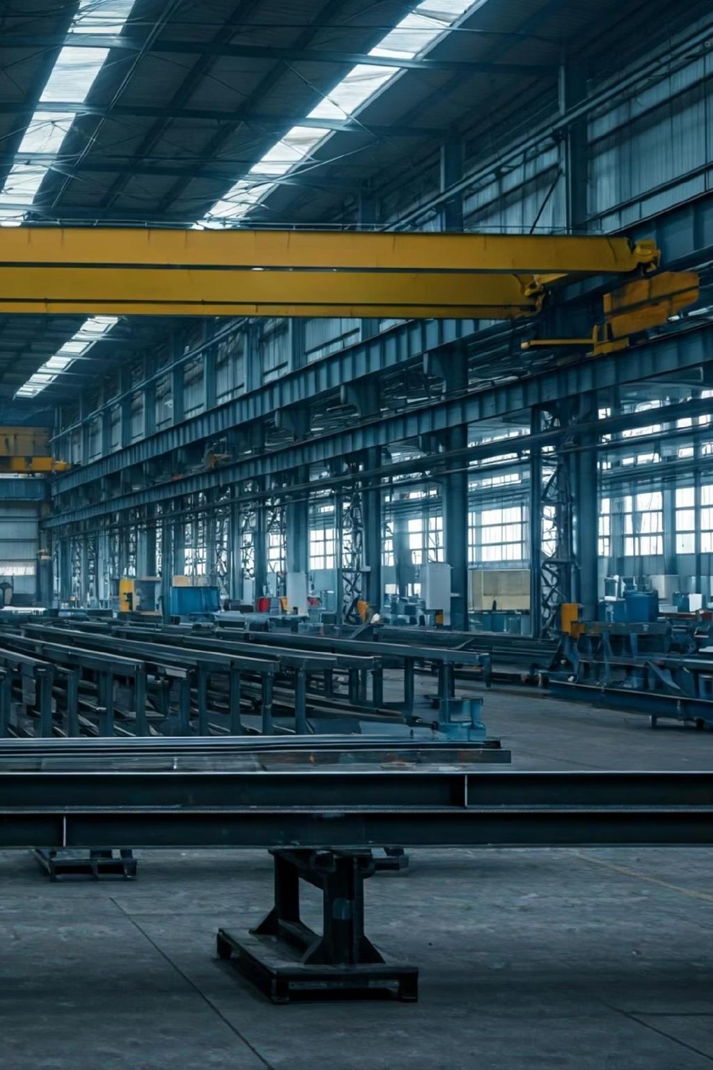 Industrial factory interior with overhead cranes and steelwork